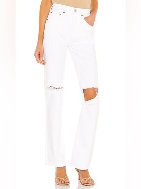 $550 Re/Done White High-Rise Distressed Straight-Leg Jeans 32 XL New with tags